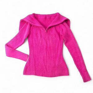 Y2K Thick Ribbed Knit Wide Quarter Zip Pink Sweater